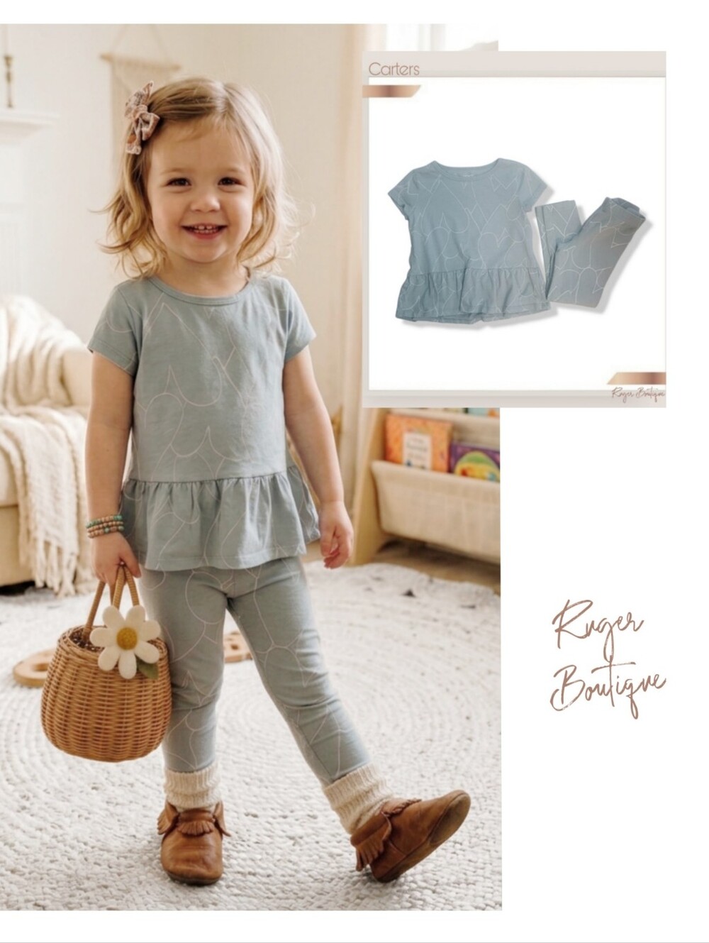 🌿Carter's Sage Green and White Heart Print 2-Piece Outfit Size 4T